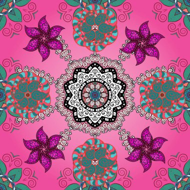 Kırmızı, mavi ve pembe renklerde. Hint süsü. Kusursuz desen. Çiçek duvar kağıdı. Renkli süs kenarı.