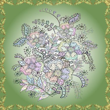 Gri, nötr ve yeşil renklere karalamalar çizen kusursuz çiçek deseni.