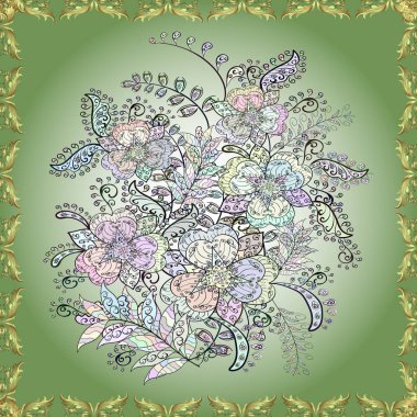 Yeşil, gri ve nötr renklerde etnik çiçeklerle kusursuz bir desen. Şirin tekstil içinde Vektör Çiçek İllüstrasyonu.