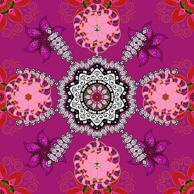 Asya Tekstil 'inde Çiçek İllüstrasyonu. Beyaz, mor ve turuncu renklerdeki etnik çiçeklerin kusursuz deseni.