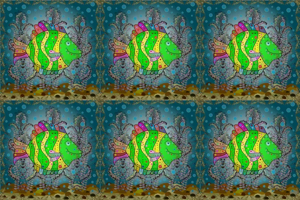 Havsfisk Färgad Bakgrund Raster Illustration Sjölivet Handritade Akvarellelement Vackert Sömlöst — Stockfoto