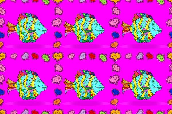 Бесшовный Шаблон Рыбы Пурпурном Желтом Синем Ручной Жнец Рыбы Цветном — стоковое фото