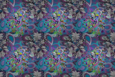 Raster illüstrasyonunda kusursuz çiçek deseni. Suluboya tarzında mavi, mor ve beyaz renkte çiçekler.