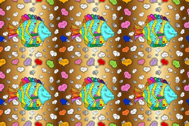 Sarı, bej, kahverengi balıklar üzerinde şirin bir denizci. Raster. Zarif modern tarz, sarı, bej ve kahverengi arka plan. Soyut şablon. Kusursuz deniz yolculuğu, sualtı dalış hayvanı - tropikal balık. Raster..