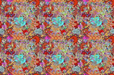 Renkli Bahar Temalı Kusursuz Arkaplan. Asya tekstil tarzında. Güzel kumaş deseni. Düz Çiçek Elementleri Tasarımı. Raster illüstrasyonu. Kusursuz çiçek deseni.