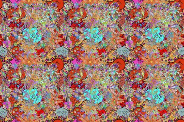 Renkli Bahar Temalı Kusursuz Arkaplan. Asya tekstil tarzında. Güzel kumaş deseni. Düz Çiçek Elementleri Tasarımı. Raster illüstrasyonu. Kusursuz çiçek deseni.