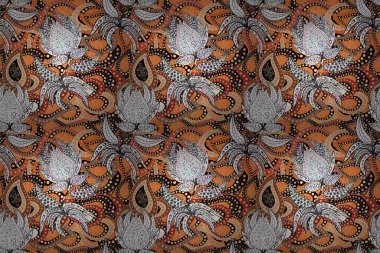 Düz Çiçek Elementleri Tasarımı. Turuncu, gri ve bej renkli çiçekler. Renkli Yaz Temalı Kusursuz Arkaplan. Çiçekli pürüzsüz retro desen.