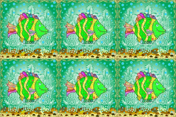 Ilustração Mais Rápida Fundo Das Crianças Peixes Verde Neutro Azul — Fotografia de Stock
