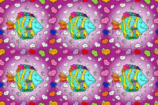 紫色和中性 时尚的衣服 刺绣海洋生物 热带鱼无缝图案 拉斯特热带经典刺绣海 无缝时尚图案 — 图库照片