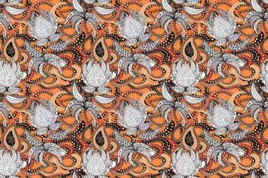 Düz Çiçek Elementleri Tasarımı. Turuncu, bej ve gri renkli şirin çiçek desenleri. Renkli Bahar Temalı Kusursuz Arkaplan. Raster Modaya uygun kumaş deseni.