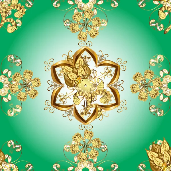 花模様の金の金属 ベクトル黄金の花の装飾錦織物とガラスのパターン 金色の要素を持つ緑 中性の色 シームレスな黄金のパターン — ストックベクタ