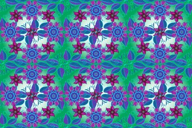 Kusursuz çiçek deseni. Asya tekstil tarzında. Yeşil, nötr ve mavi renkte çiçekler.