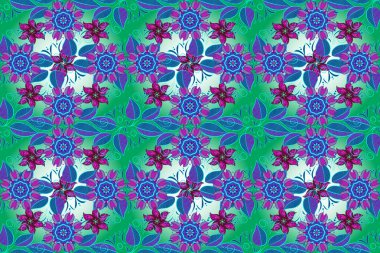 Kusursuz çiçek deseni. Asya tekstil tarzında. Yeşil, nötr ve mavi renkte çiçekler.