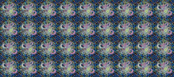 Nahtloses Muster Mit Niedlichen Blumen Und Blättern Auf Schwarzen Blauen — Stockfoto