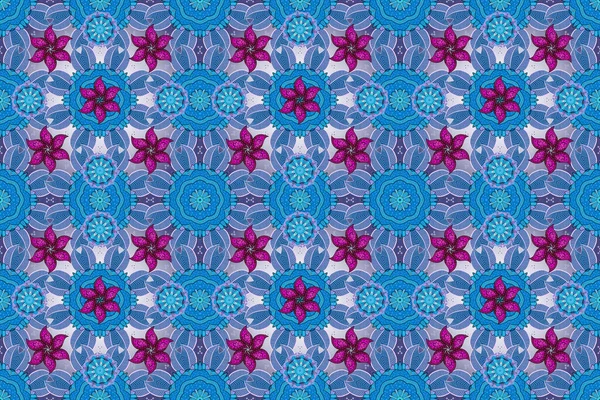 Background texture, wallpaper, floral theme in violet, neutral and blue colors. Tribal art boho print, vintage flower background. Abstract ethnic seamless pattern.