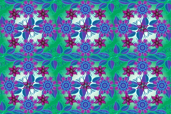 Stock image Seamless flowers pattern. In asian textile style. Flowers on green, neutral and blue colors.