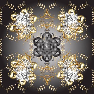 Altın kıvrımlı kumaş. Doğu tarzı arabesk. Parlak dantel, stilize çiçekler, şal desenli. Hassas altın deseni açın. Altın elementli beyaz, gri ve kahverengi desenler.