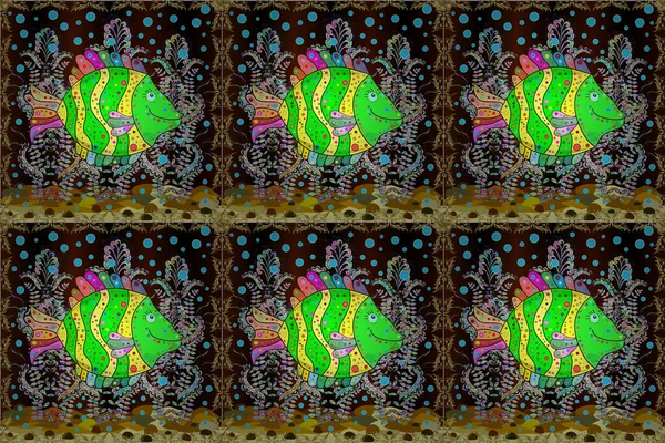 Aqucolor Texture Fish Pattern Коричневый Черный Зеленый Растровая Иллюстрация Seamless — стоковое фото