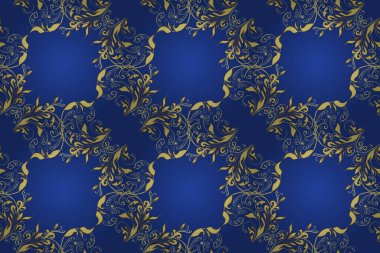 Sarı, kahverengi ve mavi renklerde altın elementlerle kusursuz klasik desen. Noel, kar tanesi, yeni yıl 2019.