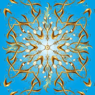 Süslü dekorasyon. Kahverengi, mavi ve sarı renklerde altın desenli altın elementler. Barok tarzında duvar kağıdı tasarımı için kusursuz damaske deseni arkaplanı.