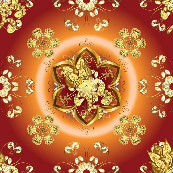 黄金の要素を持つ赤 オレンジの色 シームレスな黄金のパターン 花模様の金の金属 金色の花の装飾錦の織物とガラスのパターン — ストック写真
