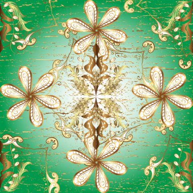 Kusursuz damaske klasik altın desen. Yeşil, nötr ve kahverengi renklerde altın sarısı elementler. Vektör çizimi. Tekrarlayan ögelerle soyut vektör arkaplanı.