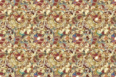 Kına dövmeli süs çiçekleri, altın çıkartmalar, mehndi ve yoga tasarımı, kartlar ve parmak izleri. Kahverengi, bej ve sarı renklerde altın elementler. Raster altın mehndi deseni.