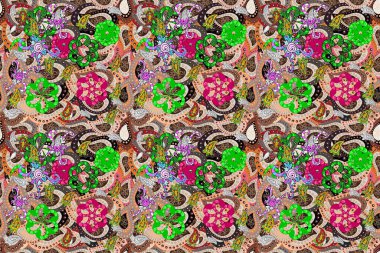 Çocuk stili. Renkli Bahar Temalı Kusursuz Arkaplan. Düz Çiçek Elementleri Tasarımı. Çiçekli pürüzsüz raster arka plan.