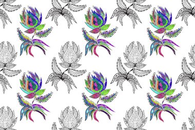 Gri, mavi ve beyaz renklerde güzel çiçekler ve yapraklarla kusursuz desen, suluboya çiçek deseni, duvar kağıdı, kart veya kumaş için fayanslı.