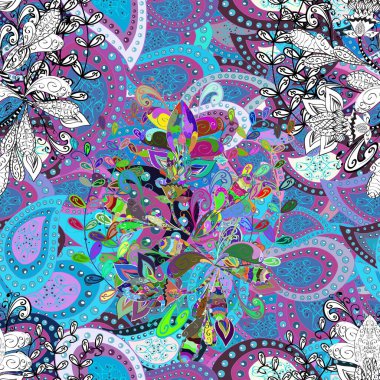 Renkli Bahar Temalı Kusursuz Arkaplan. Düz Çiçek Elementleri Tasarımı. Kusursuz çiçek deseni yerleştirildi. Mavi, beyaz ve mor renkte çiçekler.