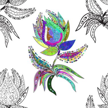 Çiçekler beyaz, gri ve yeşil renklerde. Vektör illüstrasyonundaki modaya uygun çiçek deseni. Düz Çiçek Elementleri Tasarımı. Renkli Yaz Temalı Kusursuz Arkaplan.