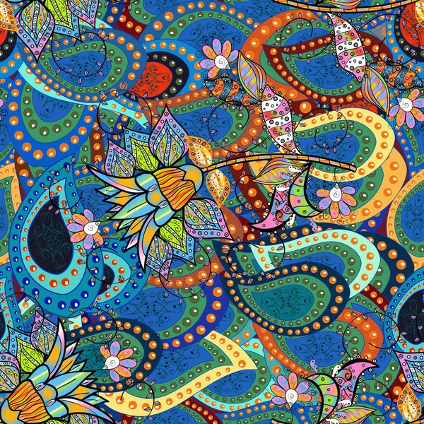 Вид Зверху Яко Зелений Синьо Помаранчевий Колір Мальовничий Квітковий Візерунок — стоковий вектор