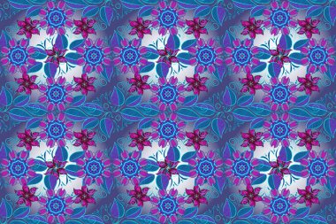 Mavi, nötr ve mor renkte çiçekler. Çiçeksiz desenli arka plan, yaz çiçekleri. Renkli Bahar Temalı Kusursuz Arkaplan. Düz Çiçek Elementleri Tasarımı.