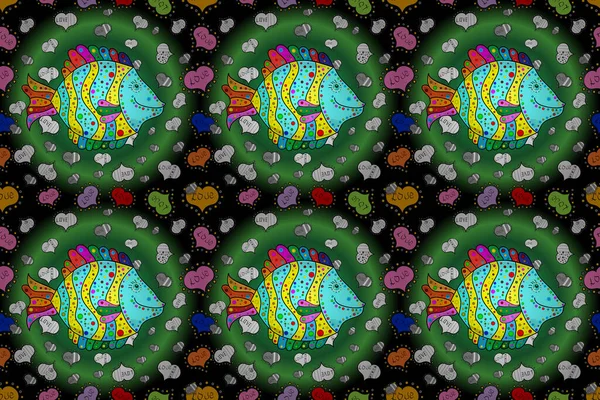 Растрова Ілюстрація Риби Зеленому Чорному Синьому Безшовні Візерунки Риба Кольоровому — стокове фото