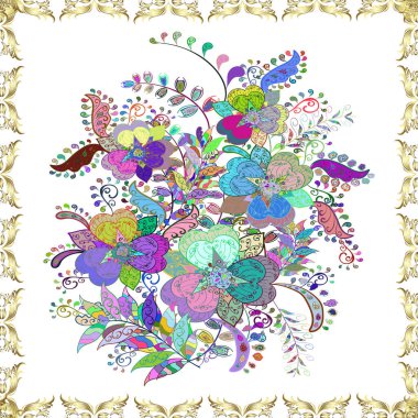 Elle boyanmış suluboya, dikişsiz çiçekler ve bitkiler. Beyaz, nötr ve mavi renkte çiçekler.