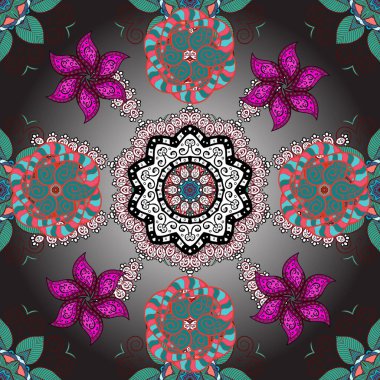 Şirin tekstil içinde Vektör Çiçek İllüstrasyonu. Gri, mavi ve kırmızı renkte etnik çiçeklerle kusursuz bir desen..