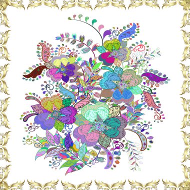 Parlak renkli çiçekleri ve beyaz, nötr ve mavi renklerde yaprakları olan şaşırtıcı, pürüzsüz çiçek deseni. Moda baskıları için zarif bir şablon. Modern çiçek arkaplanı. Halk stili.