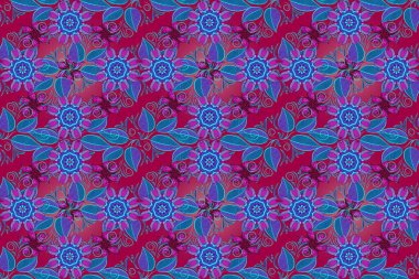 Kumaş desenli papatya çiçeği detayı. Mor, mavi ve mor renkte çiçekler.