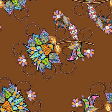 Vektör illüstrasyonunda kusursuz çiçek deseni. Siyah, mavi ve kahverengi renkte çiçekler. Düz Çiçek Elementleri Tasarımı. Renkli Bahar Teması Kusursuz Arkaplan.