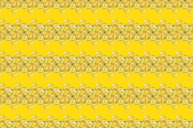 Doğu tarzı arabesk. Raster. Kusursuz desen. Sarı, kahverengi ve bej renkli resimler. Sevimli kıvırcık saçlar. Parlak dantel, stilize çiçekler. Narin, güzel bir arkaplan dokuma işi.