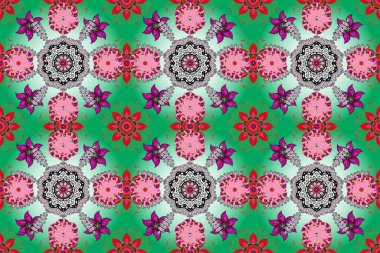 Kusursuz etnik tasarım. Yatak çarşafları, ceket, paket tasarımı, kumaş ve moda kavramları için tekstil baskısı. Çiçekleri, deniz kabukları, mandalaları ve suluboya efektleri olan deniz altyapısı.