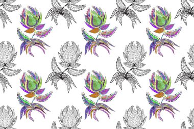 Sevimli çiçek deseni. Renkli Bahar Temalı Kusursuz Arkaplan. Düz Çiçek Elementleri Tasarımı. Gri, yeşil ve beyaz renkte çiçekler.