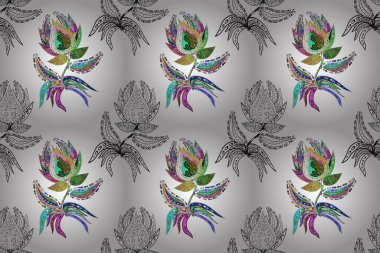 Beyaz, yeşil ve gri renklerde yaprakları olan yabani çiçekler. Kusursuz bir arka plan modeli. Raster illüstrasyonu. Suluboya, elle çizilmiş.