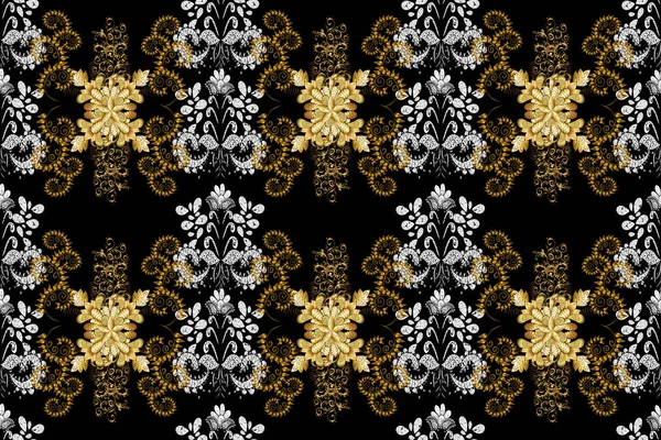 花饰锦缎织物图案 金属花纹黑色 白色和棕色与金元素 经典的金黄色无缝图案 — 图库照片