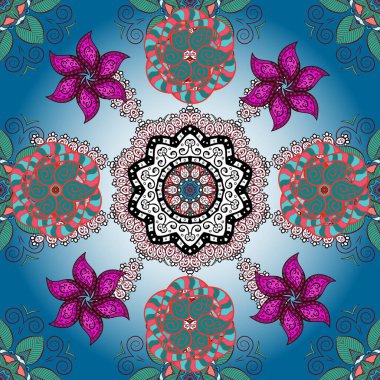 Yumuşak, yaz çiçekleri mavi, pembe ve kırmızı renklerde. Vektör çizimi. Çiçekli karalama şeklinde vektör deseni.