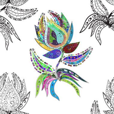 Renkli Yaz Temalı Kusursuz Arkaplan. Modaya uygun kumaş deseni. Düz Çiçek Elementleri Tasarımı. Şirin çiçek vektör deseni.