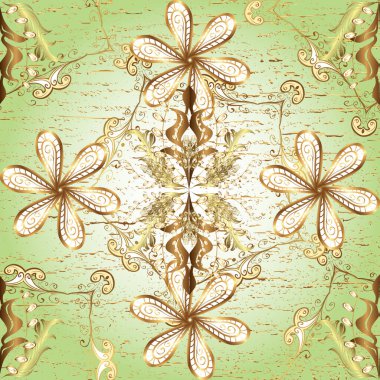 Damask arkaplanı. Tarafsız, bej ve beyaz renklerde altın bir element. Barok tarzında altın çiçekli süs. Altın çiçekli, pürüzsüz desen.