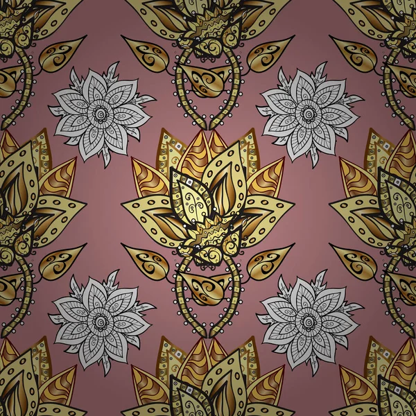装飾品だ ベクトルイラスト 中性およびグレーの色のダマスクゴールド抽象的な花シームレスパターン — ストックベクタ