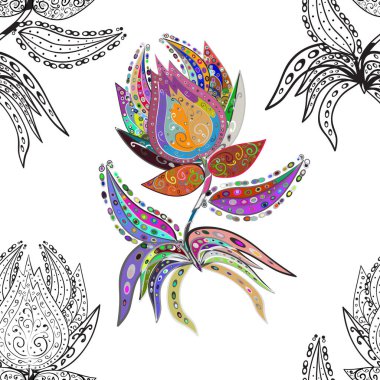 Vektör çizimi. Şatafatlı bahar bahçesi dokusu. Gri, nötr ve beyaz renkte çiçekler. Çiçek deseni. Gri, nötr ve beyaz renklerde desensiz çiçek.