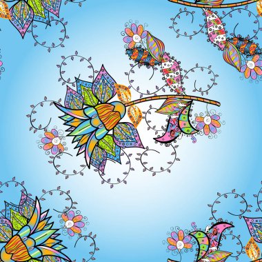 Mavi, siyah ve nötr renklerde parlak çiçekli halı deseni.